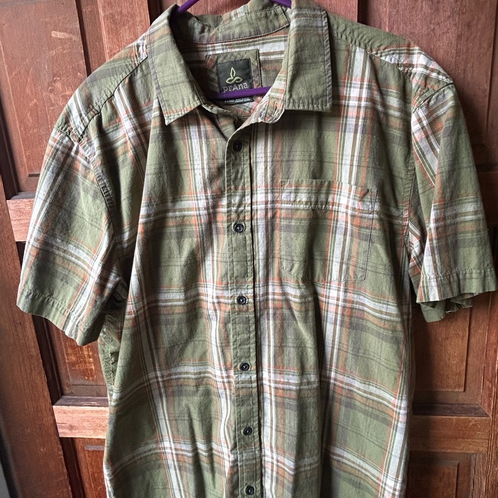 Prana Olive and White Plaid Short-Sleeve Button-Up Shirt